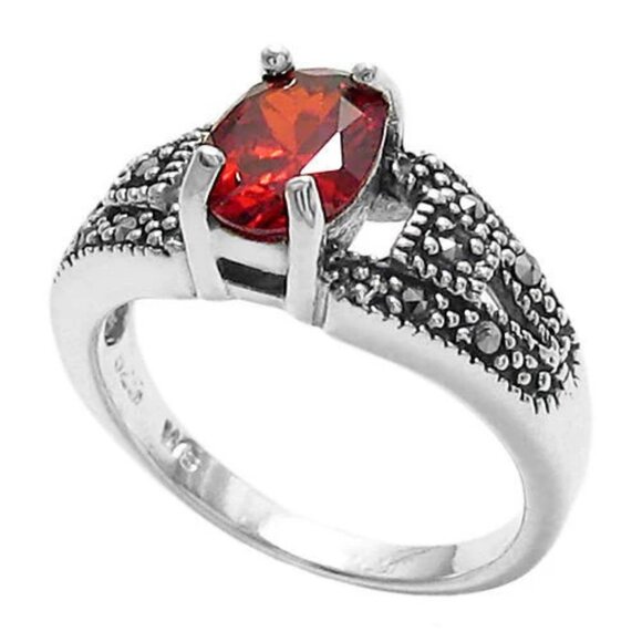 CLASSIC MARCASITE RING WITH RED OVAL CZ CENTER STONE IN STERLING SILVER. - Picture 1 of 3